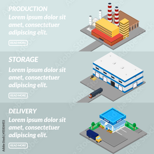 Vector illustration. Web banner production in a factory, warehouse storage and delivery to the store. Isometric, 3D