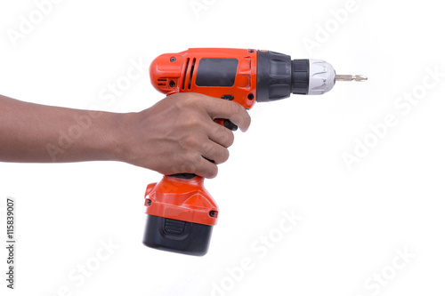 Hand hold cordless electric screw driver on white background
