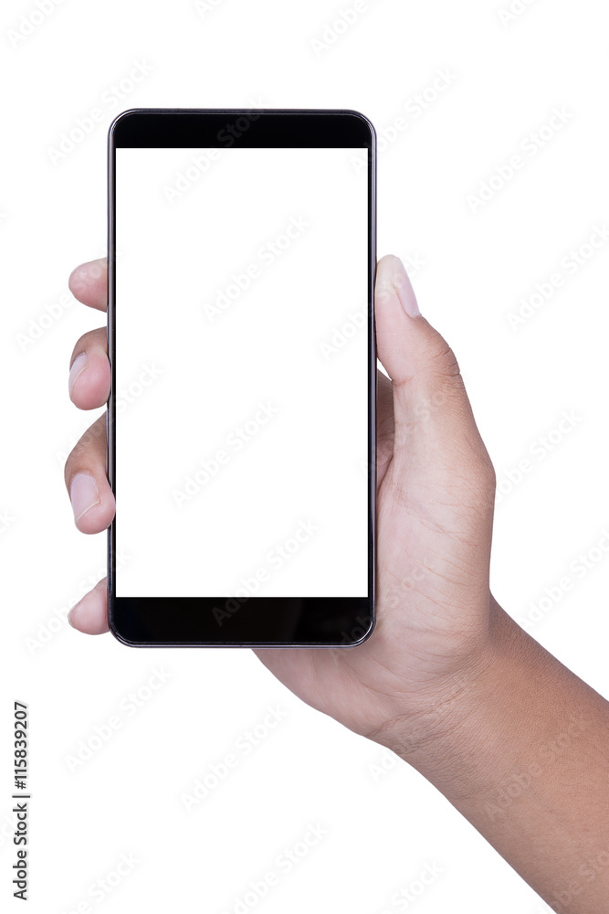 Hand holding smartphone on white background Hand holding smartphone on white background
