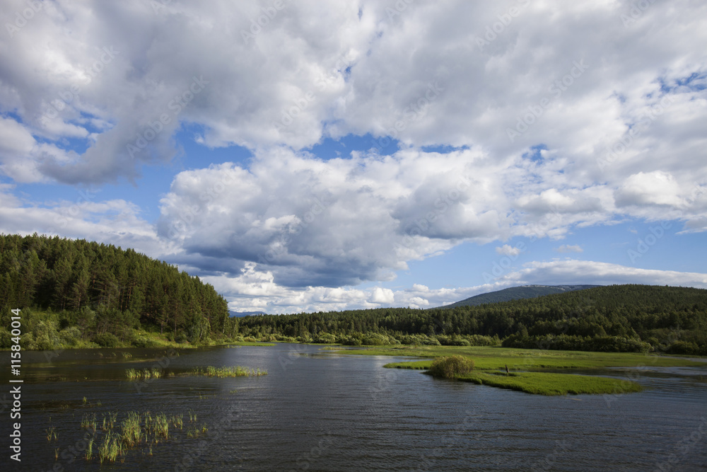 River in the Urals. Cloudy sky