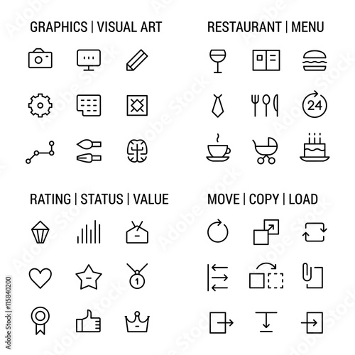 Icons sets: graphics and visual art, restaurant and menu, rating and status, move and copy. Linear, black.