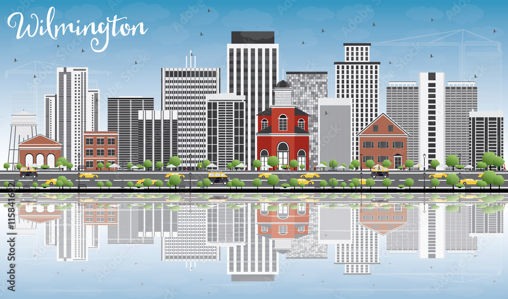 Wilmington Skyline with Gray Buildings, Blue Sky and Reflections
