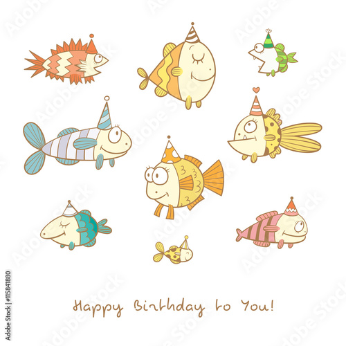 Birthday card with cute cartoon colorful fishes in party hats. Underwater life. Funny sea animals. Children's illustration. Vector image.