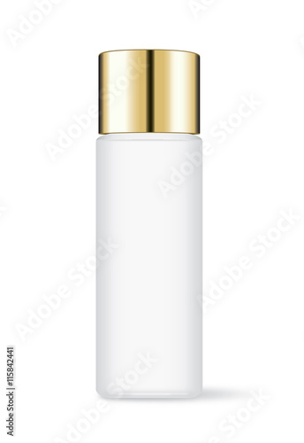 Cosmetic bottle with gold cap isolated on white background. Ideal for facial cleansing packaging and lotion and skincare or other.