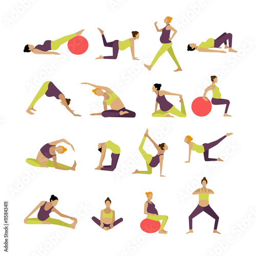 Vector set of pregnant women are doing exercise and yoga. Design elements, icons isolated on white background