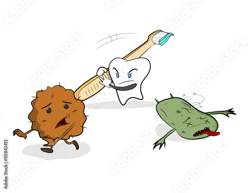 Strong Healthy Tooth Protection Against Bacteria, a hand drawn vector cartoon illustration of a strong and healthy tooth beating bacteria with a toothbrush.