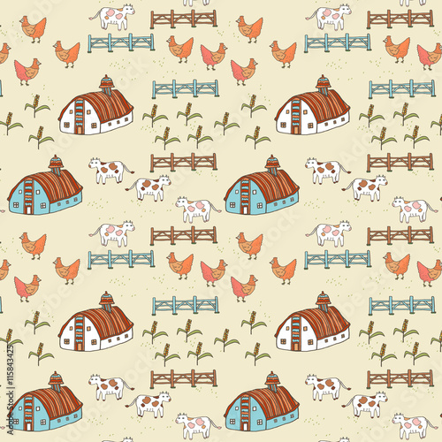 Animals Farm Doodle Illustration Vector Pattern Background.