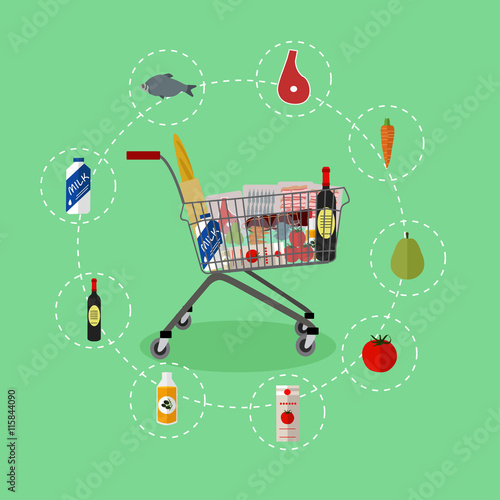 Supermarket shopping trolley cart with grocery products. Vector illustration in flat style. Food icons and design elements