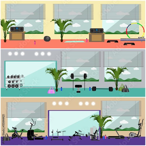 Fitness center interior vector illustration. Work out in gym horizontal banners. Sport activities concept.