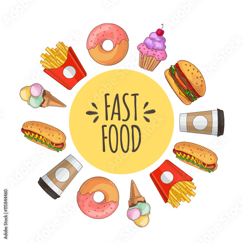 Fast food. Set of cartoon vector icons.