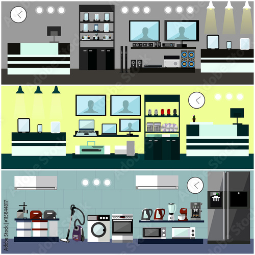 Consumer electronics store Interior. Colorful vector illustration. Design elements and banners in flat style.