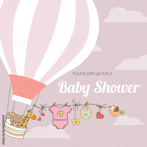 baby girl shower card with hot air balloon