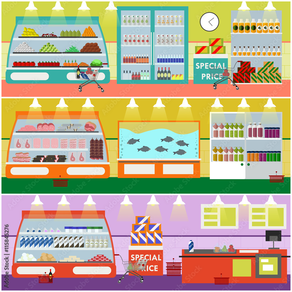 Supermarket interior vector illustration in flat style. Product items in food store. Groceries and foodstuff on shelves