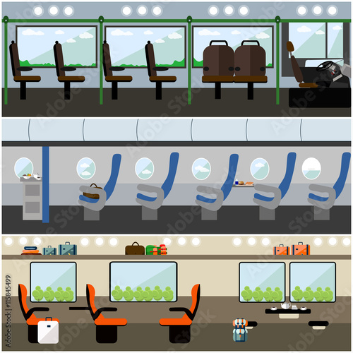 Public transport interior concept vector banners set. Bus, train and airplane.