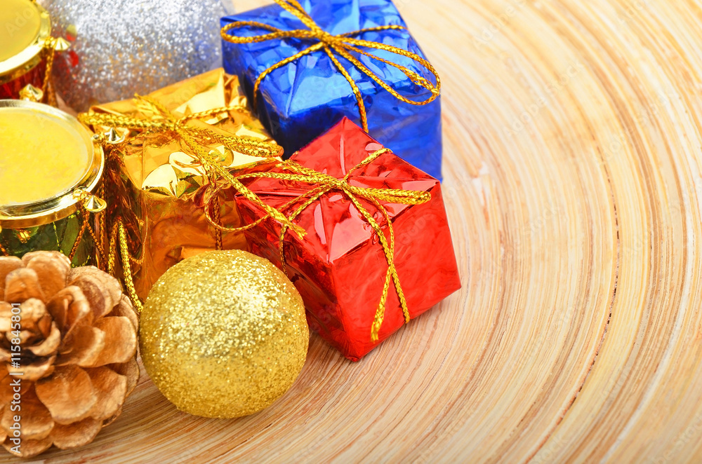 Christmas decor on wooden background