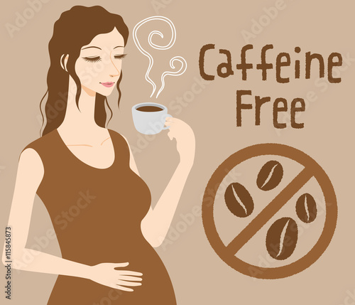 Pregnant woman drinks caffeine free coffee, Decaf beverage, vector illustration