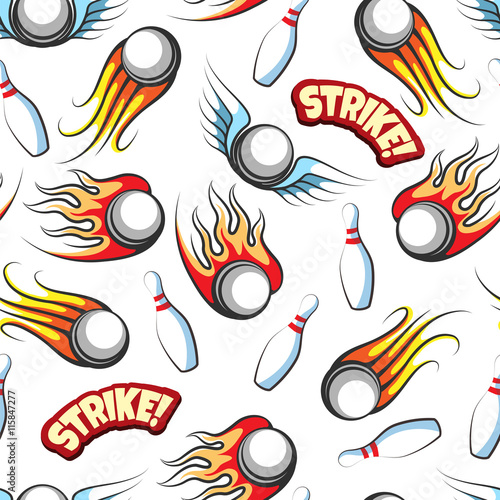 Bowling seamless pattern with firely bowling balls and pins. Vector illustration