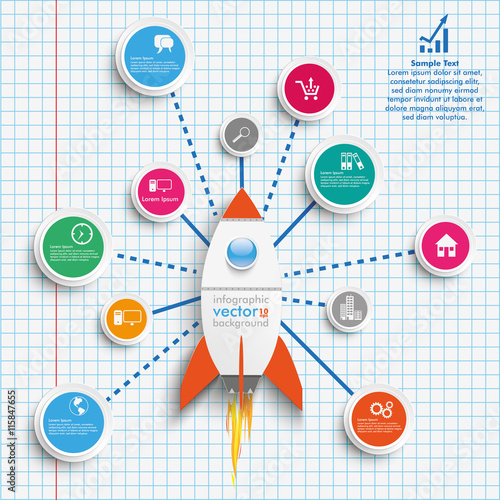Infografik - Rakete mit einem Netzwerk aus Kreisen auf einem karierten Papierblatt