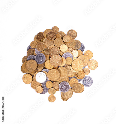 coins of Ukrainian hryvnias on white background