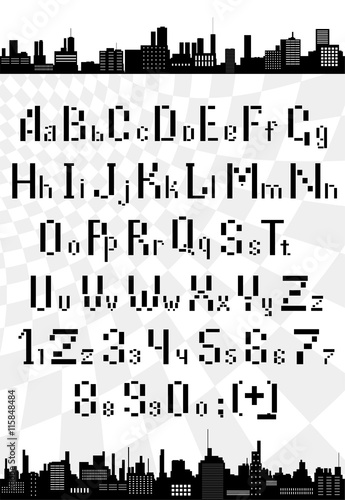 Vector English alphabet with letters and numbers of the horizont