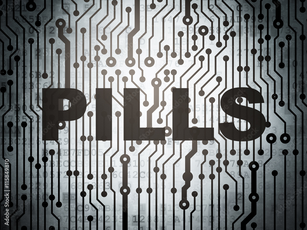 Health concept: circuit board with Pills