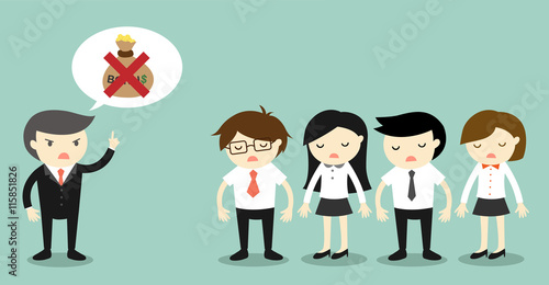 Business concept, Boss talking about no bonus and business people feeling sad. Vector illustration