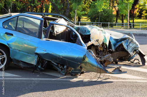 Photography Blue car destroyed after horrible car accident
