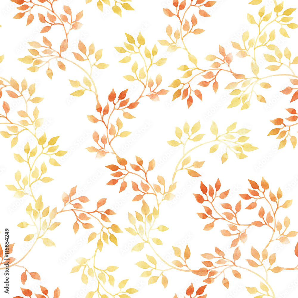 Golden leaves. Watercolour autumn seamless pattern, cute design Golden leaves. Watercolour autumn seamless pattern, cute design