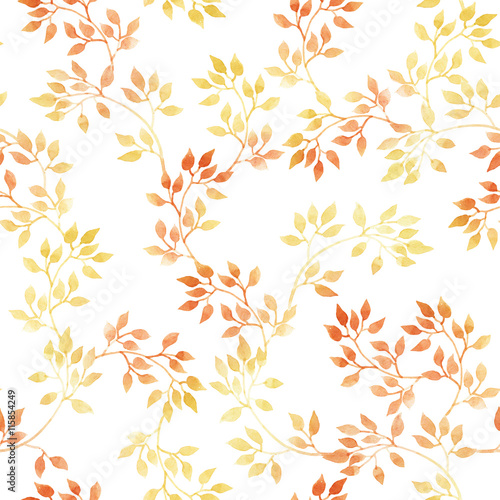 Golden leaves. Watercolour autumn seamless pattern, cute design