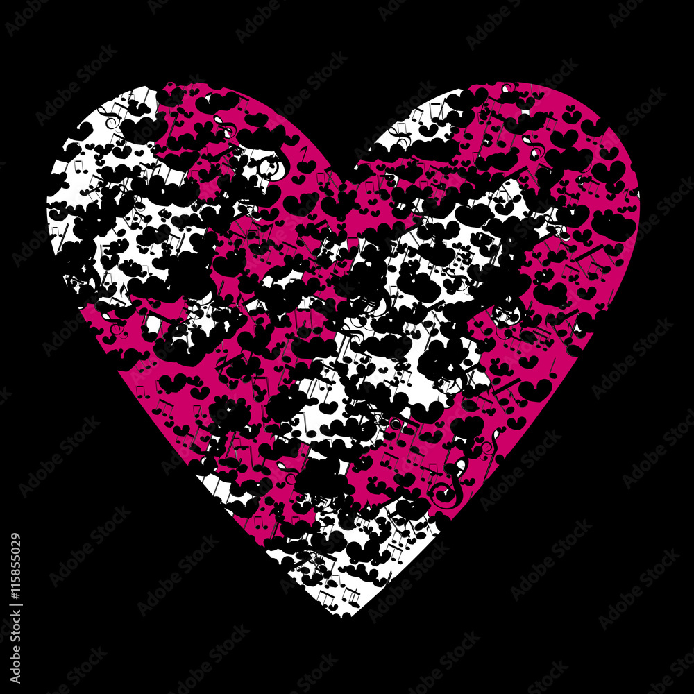 Abstract vector background with music notes and a shape of a heart.