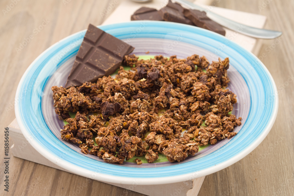 dish with cereals and chocolate chips dish with cereals and chocolate chips