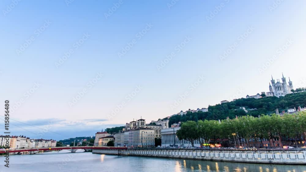Timelapse of Soane river view with cathedrals Saint-Georges and Fourviere from evening to night with twilight and the moon. Timelapse of Soane river view with cathedrals Saint-Georges and Fourviere from evening to night with twilight and the moon.