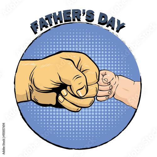 Happy fathers day poster in retro comic style. Pop art vector illustration. Father and son fist bump