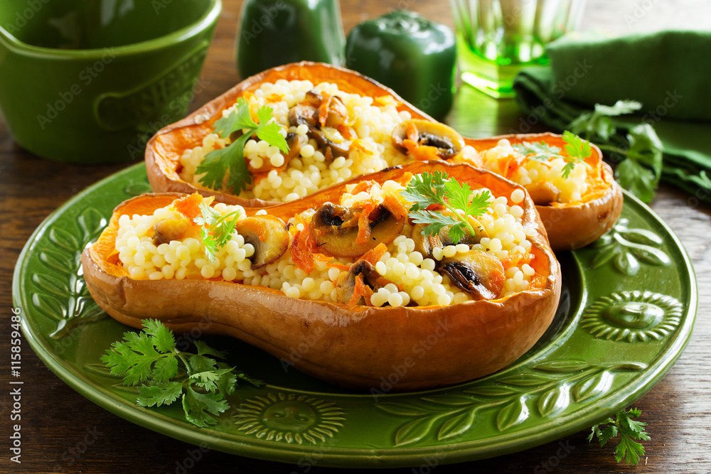 Pumpkin stuffed with couscous with grilled mushrooms. Pumpkin stuffed with couscous with grilled mushrooms.