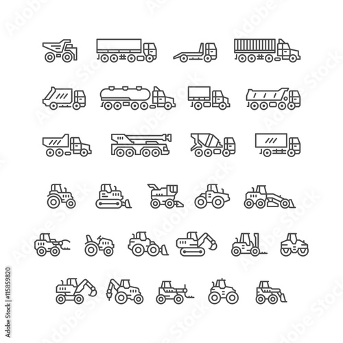 Set line icons of trucks and tractors