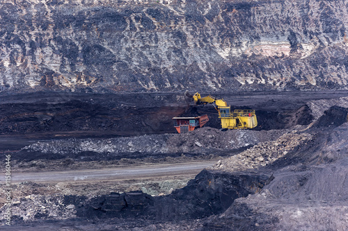 yellow backhoe work in coalmine photo