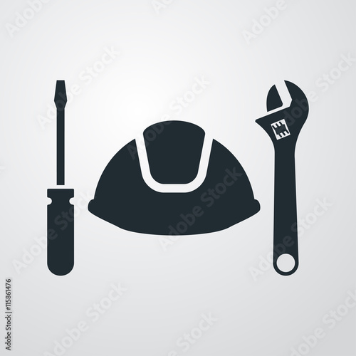 Icono plano casco con herramientas en fondo degradado