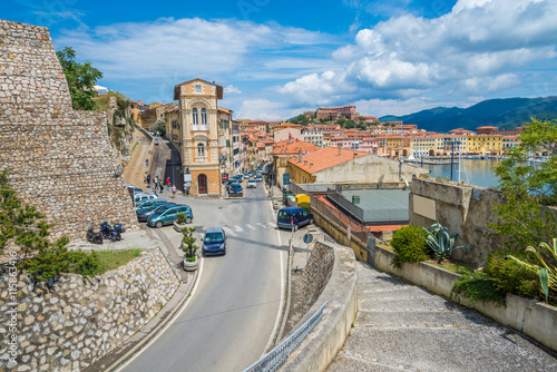 Beautiful view over traditional architecture of Portoferraio in downtown, in Elba island, Italy