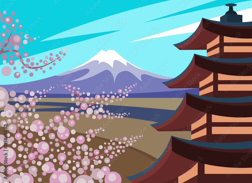 Mountain Fuji and Pagoda with cherry blossom