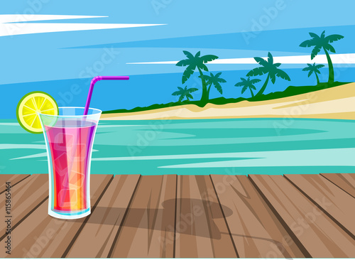 Refreshing summer drink with lemon on the wooden bridge