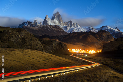 Monte Fitz Roy in los glaciares national park with car light tra
