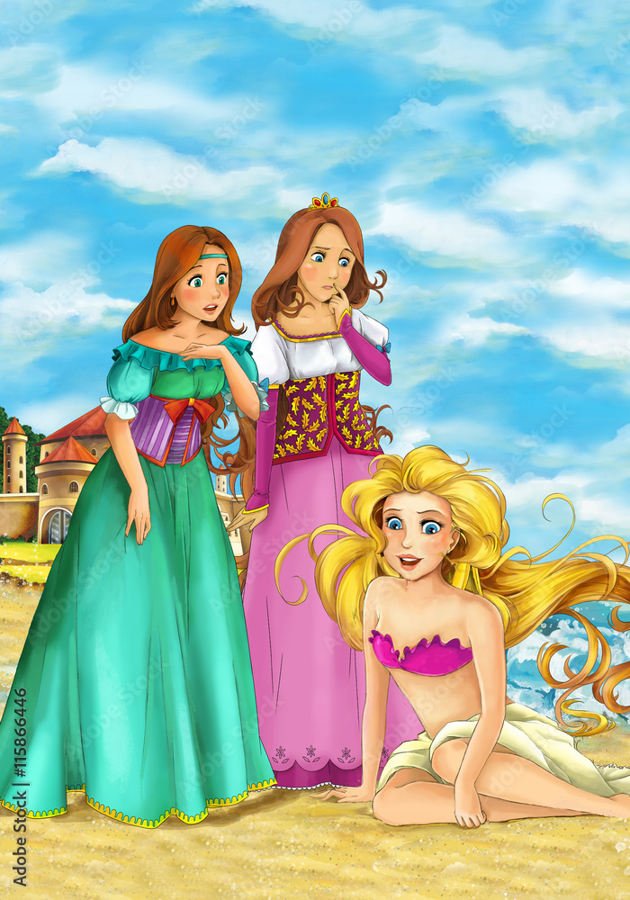 Cartoon scene of beautiful mermaid on the beach - two ladies watching on the young woman sitting in the sand - illustration for children
