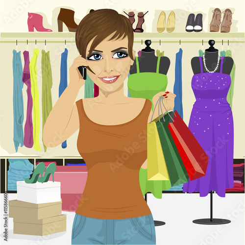 woman shopping in store talking on smartphone