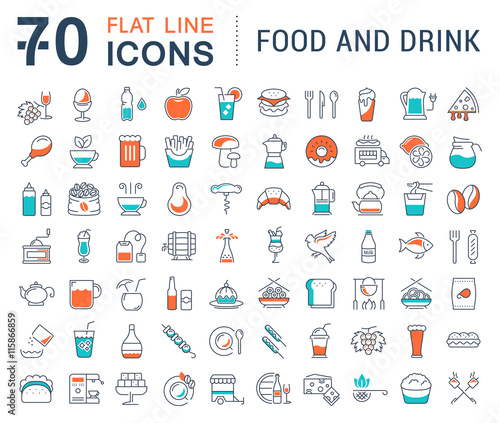 Set Vector Flat Line Icons Drinks and Food