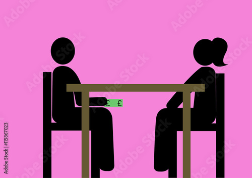 Illustration Bestechung; Pfund; Geldschein; Hand, geheim; Tisch; Währung; Schweigegeld; strafbar