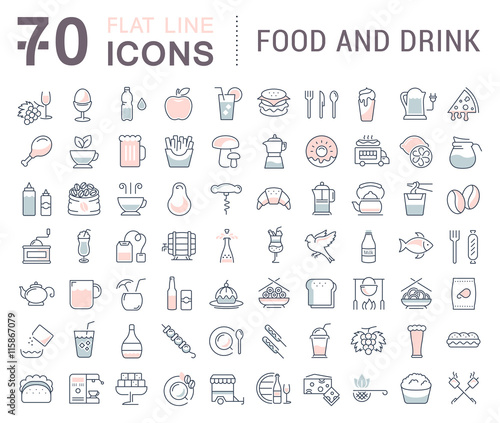 Set Vector Flat Line Icons Drinks and Food