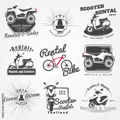 Rent, sale and repair - bicycles, mopeds and scooters. Bicycling Club. Detailed elements. Old retro vintage grunge. Scratched, damaged, dirty effect. Typographic labels, stickers, logos and badges.