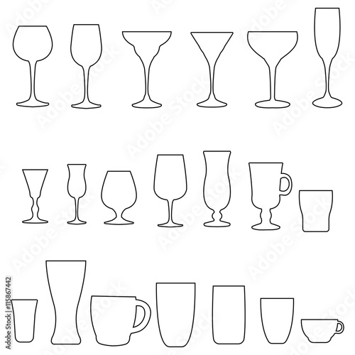 Glass collection. Cocktail glass silhouette. Vector set of monochrome glass.