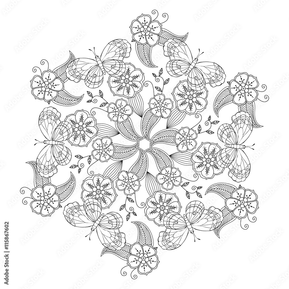 Fototapeta premium Mendie Mandala with butterflies, flowers and leaves. Zenart inspired.