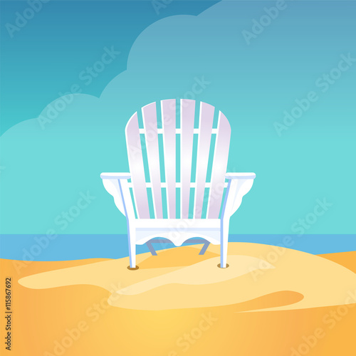 Adirondack chair on the sea beach standing on the yellow sand under the blue cloudy sky